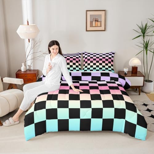 Multicolored Checkered Retro Comforter Set King Size Geometric Vintage Bedding Set for Kids Boys Girls Gradient Pink Green Duvet Quilt Modern Groovy Aesthetic Bedroom Decor 3 Pcs with 2 Pillow Cases