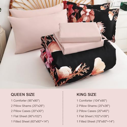 Luxudecor Floral Comforter Set King Size 7 Piece, Red Flower Bed in a Bag, Elegant Comforter Bedding Set for All Season (Red, 104"x90")