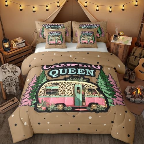 Erosebridal Camper Rv Boys Bed in A Bag Happy Camping Comforter Set with Sheets Vintage Pine Trees 7-Piece Bedding Set Twin Size for Kids Teens Men Bedroom Brown Leopard Print Bed Sets