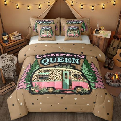 Erosebridal Camper Rv Boys Bed in A Bag Happy Camping Comforter Set with Sheets Vintage Pine Trees 7-Piece Bedding Set Full Size for Kids Teens Men Bedroom Brown Leopard Print Bed Sets