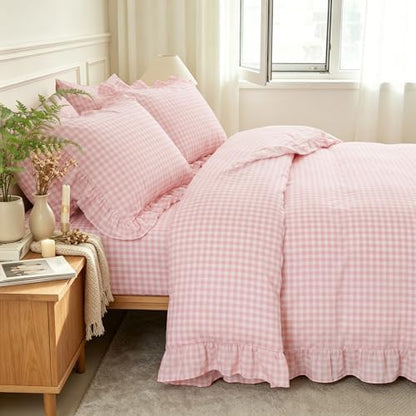 Nayoroom Pink Ruffle Gingham Comforter Set Twin Plaid Checkered Bedding