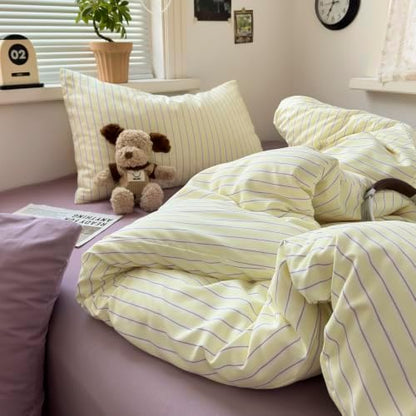 mixinni Pastel Yellow Lavender Striped Queen Duvet Cover Set, Soft Premium Washed Microfiber Aesthetic Stripes Comforter Cover with Hidden Zipper & Corner Ties, 3 Piece Sweet Teen Bedding for Girls