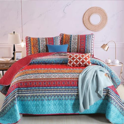 WONGS BEDDING Boho Quilt Queen Size,3 Pcs Bedspread Set, Red
