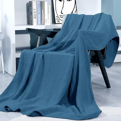 Yoofoss Muslin Blanket 100% Organic Cotton Throw Large 50" x 60" for Bed Couch Summer Gauze Blanket for Adults Lightweight and Breathable Dark Blue