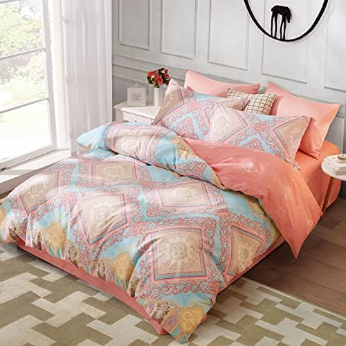 SAPHREAS Twin Size Bohemian Duvet Cover Set 2pcs Pink Cotton Boho Bedding Comforter Cover Set Blue 1 Duvet Cover 1 Pillow Sham