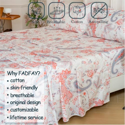 FADFAY Premium Cotton Percale King Sheet Set, Vintage Pink Paisley Floral