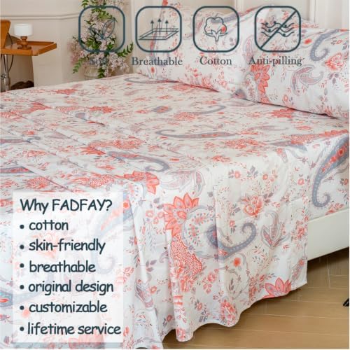 FADFAY 100% Cotton Percale Queen Sheet Set, Vintage Pink Paisley Floral