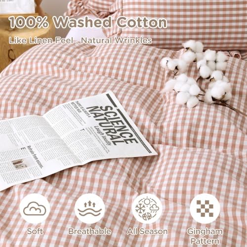 ATsense Pink Brown Gingham Ruffle Duvet Cover Set Cotton Like Linen, King
