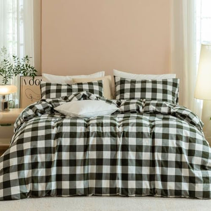JIYUAN Queen Washed Cotton Duvet Cover Set, 3-Piece, Buffalo Check