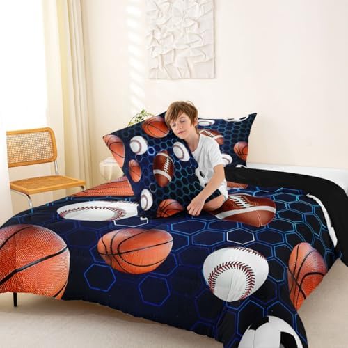 Erosebridal Boys Soccer Bedding King Size, Basketball Football Comforter Set for Kids Girls Teenage Men, Rugby Baseball Quilt Blue Hexagon Honeycomb Bedding Comforter Sets Football Gifts for Boys