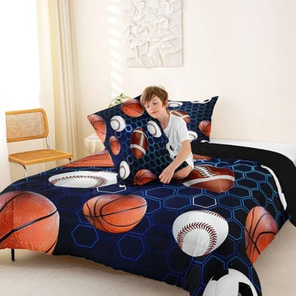 Erosebridal Boys Soccer Bedding King Size, Basketball Football Comforter Set for Kids Girls Teenage Men, Rugby Baseball Quilt Blue Hexagon Honeycomb Bedding Comforter Sets Football Gifts for Boys