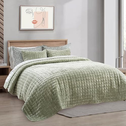 RECYCO Channel Box Stitch Velvet Quilt Set, Twin/Twin XL Size, Sage Green