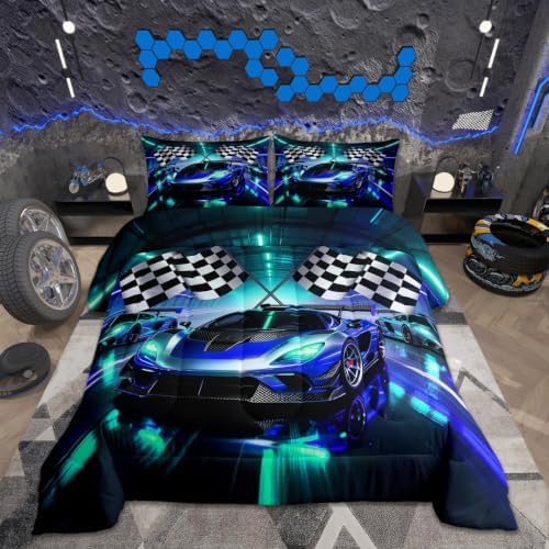 Feelyou Boys Race Car Bedding Set Soft for Boys Girls, Sports Racing Car Comforter Set Toddler Size Extreme Sports Duvet Quilt Microfiber Automobile Bedroom Decor 2 Pcs with 1 Pillow Cases