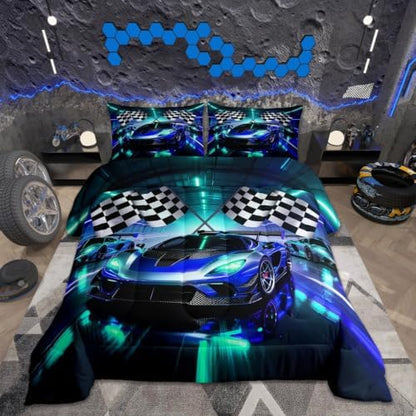 Feelyou Boys Race Car Bedding Set Soft for Boys Girls, Sports Racing Car Comforter Set Toddler Size Extreme Sports Duvet Quilt Microfiber Automobile Bedroom Decor 2 Pcs with 1 Pillow Cases