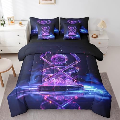 Erosebridal Ice Hockey Twin Bedding Set - Hockey Sports Bed in A Bag,Purple Neon Comforter Sets with Sheets, Sports Style 7 Pieces Bed Set Bedroom Decor