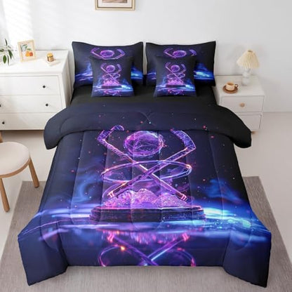 Erosebridal Ice Hockey King Bedding Set - Hockey Sports Bed in A Bag,Purple Neon Comforter Sets with Sheets, Sports Style 7 Pieces Bed Set Bedroom Decor