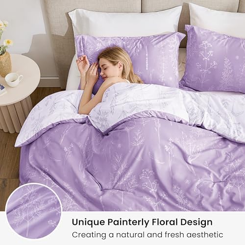 Love's cabin Lavender Comforter Set Queen - Queen Size Comforter Set, 3 Pieces Cute Floral Bedding Sets for All Seasons,1 Soft Reversible Botanical Flowers Comforter and 2 Pillow Shams