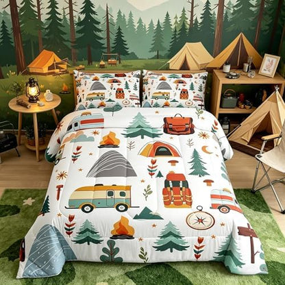 Feelyou Happy Camping Comforter Set for Kids Boys Girls King Size Outdoor Travel Bedding Set Ultra Soft Travel Bag Tent Compass Print Duvet Quilt Camping Gifts Comforter Travel Trailers Themed
