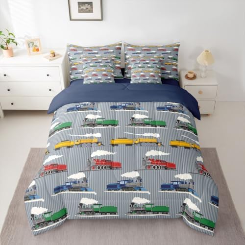Feelyou Vintage Train Comforter Set with Sheets 7 Piece Queen Size Retro Steam Engine Train Bedding Set for Kids Boys Girls Transport Vehicle Bed in a Bag Room Decor Soft Lightweight Microfiber