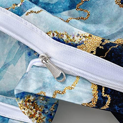 Royal Blue Marble Duvet Cover Set King Size Sequin Gold Bedding Comforter Covers with 2 Pillow Shams Breathable Durable Soft Comfy