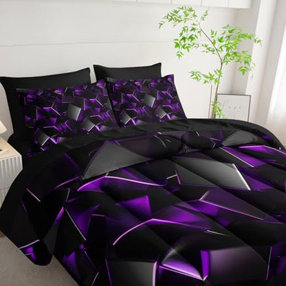 Nttopship Purple and Black Geometric Comforter Set Queen Size 7PCS,Abstract Triangular Printed Bedding Set for Adults,Geometric Mordern Art Decor All Seasons with Pillowcases,Flat, Fitted Sheet