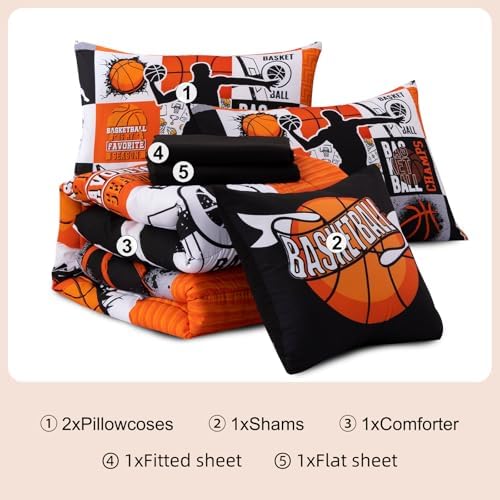Aimuan Sports Geometric Grid Black Patchwork Basketball Printed for Boys Twin 6Pcs Bed in A Bag Comforter Bedding Set (Orange, Twin 6Pcs)