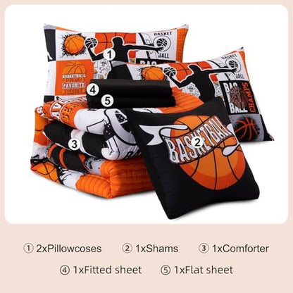 Aimuan Sports Geometric Grid Black Patchwork Basketball Printed for Boys Twin 6Pcs Bed in A Bag Comforter Bedding Set (Orange, Twin 6Pcs)