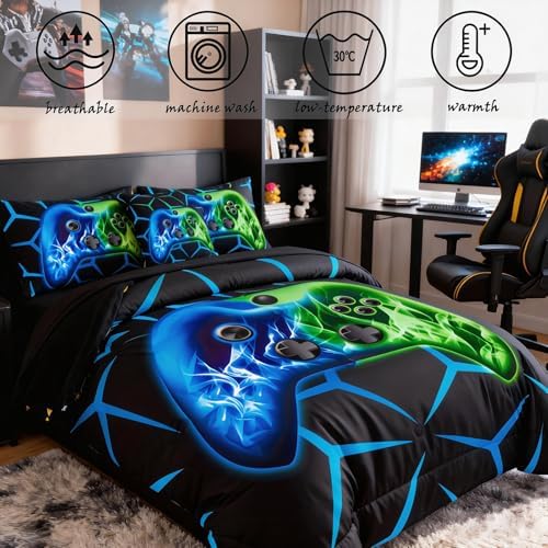 ZRNBAST Blue Green Gamer Comforter Set Queen Size Boys Gaming Bed in a Bag