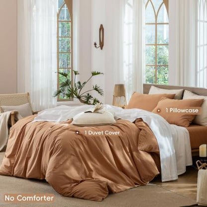 MooMee Striped Duvet Cover Set 100% Washed Cotton Linen Like Queen