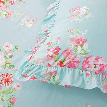 FADFAY 4-Piece Twin Size Dorm Bedding Floral Bed Set for Girls 100% Cotton Ruffled Duvet Cover Set Soft Breathable Skin-Friendly Bed Skirt Sets Garden Style All-Season Use