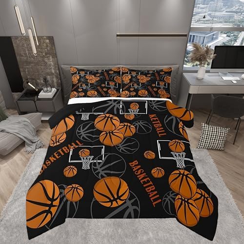 Castle Fairy Cartoon Basketball Print Full Size Comforter Set,Ball Gaming Bedding Set for Adults Teens,Children Sports Comforter Luxury Black White Quilt Set Room Decor 3Pcs
