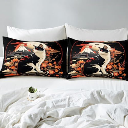 Feelyou Kids Kawaii Cat Anime Duvet Cover Toddler Japanese Retro Funny Cat Bedding Set Boys Girls Japanese Style Comforter Cover Set Japanese Wave Sakura Flower Floral Bedspread Cover（No Comforter