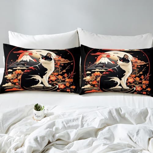 Feelyou Kids Kawaii Cat Anime Duvet Cover Twin Size Japanese Retro Funny Cat Bedding Set Boys Girls Japanese Style Comforter Cover Set Japanese Wave Sakura Flower Floral Bedspread Cover（No Comforter