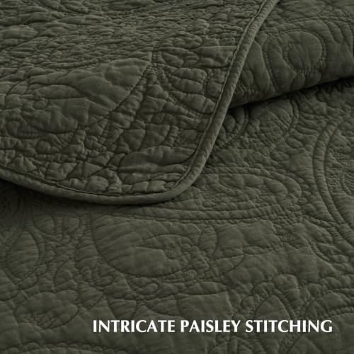 EVERGRACEHOME 100% Cotton Paisley Quilt Set, Oversized King, Olive Green