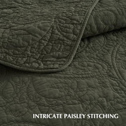 EVERGRACEHOME 100% Cotton Paisley Quilt Set, Oversized King, Olive Green
