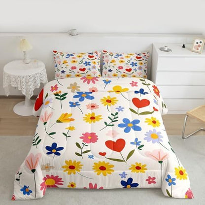 jejeloiu Cute Flower Comforter Set Full Size Floral Botanical Pattern Bedding Set for Kids Boys Girls Kawaii Duvet Quilt Blossom Flowers Pattern Bedroom Decor Microfiber 3 Pcs with 2 Pillow Cases
