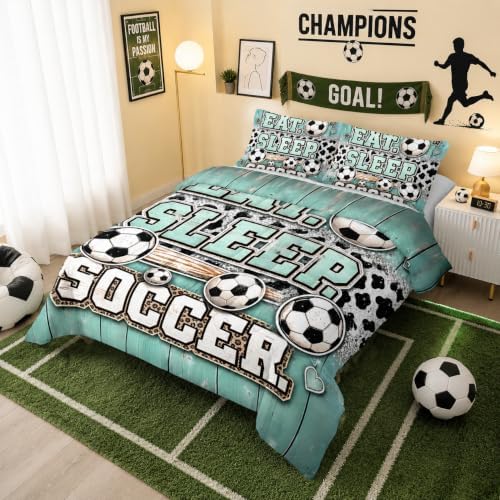 BSNTHO Soccer Queen Size, Comforter Set Leopard Print Kids Comforter 3Pcs