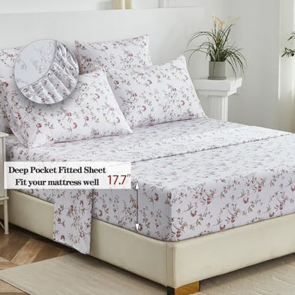 FADFAY Sheets Set Queen Rustic Pink Floral Botanical Bedding Set Luxury 100% Egyptian Cotton Bed Sheet Set Soft Breathable for All Season Bedoom Decor with 17.7 Deep Pocket Fitted Sheet, Queen Size