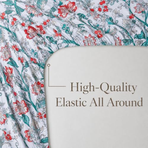 FADFAY Cal King White Teal 100% Egyptian Cotton Sheets Set 4 Piece, Vintage Botanical Garden Floral Sheets, Luxury Soft Breathable Cottagecore Bedding with Deep Pocket Fitted Sheet for All Seasons