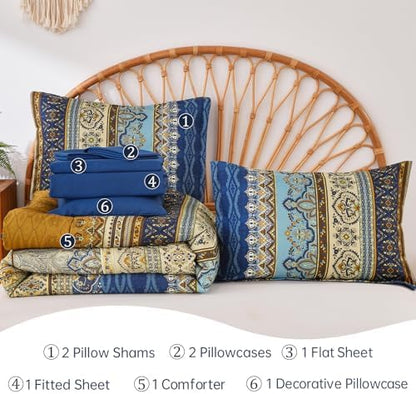 Cottolester Boho Comforter Set California King,Paisley Striped Bed in A Bag