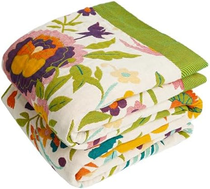 VANJOROY Boho Throw Blanket, 100% Organic Cotton Breathable Ultra Soft 91" x 108" King Bed Quilt Throw - All Season Floral Rustic Farmhouse Decor Luxury Blanket for Sofa Couch Chair and Gift