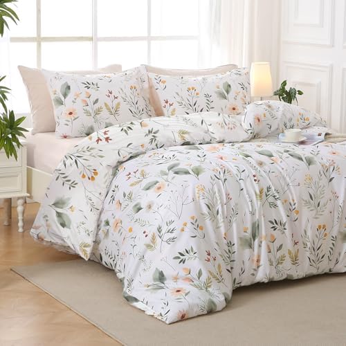 MUXHOMO Garden Leaves Bed in a Bag King 7 Pieces, King Comforter Set Reversible Botanical Flowers Design, Ultra Soft & Breathable Bedding Sets with Comforter, Sheets, Pillowcases & Shams