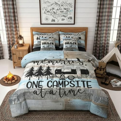 Erosebridal 7 Piece Full Size Comforter Set with 2 Pillowcases, RV Camper Bedding Set for Kids Teens Adult Men Retro Wood Camp Camper Bed in a Bag with Flat Sheet, Fitted Sheet Rustic Farmhouse Decor