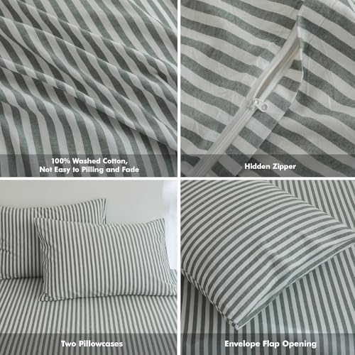 FOSSA Striped Duvet Cover Set 100% Washed Cotton Linen Feel Queen