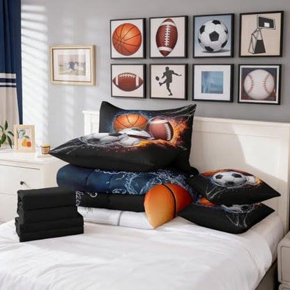 Sports Comforter Set 7 Pieces Queen Size Boys Bedding Set - Kids Basketball Football Baseball Soccer Bed In A Bag With Sheets, Pillow Covers, Pillowcases, Ice And Fire Flame Sports Game Comforter