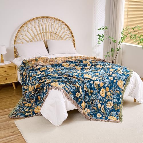 VANJOROY Boho Throw Blanket, 100% Organic Cotton Breathable Ultra Soft 50" x 60" Bed Quilt Blue Throw - All Season Bird Floral Rustic Farmhouse Decor Reversible Blanket for Couch Chair and Gift