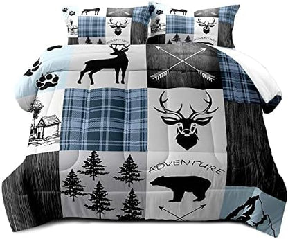 LUVIVIHOME 2PCS Farmhouse Comforter Set, Twin Comforter, Black Bear Deer Elk Moose Woodland Forest Animals Wildlife Hunting Blue Plaid Patchwork Cabin Lodge Country Rustic Bedding Quilt, 1 Pillow Sham