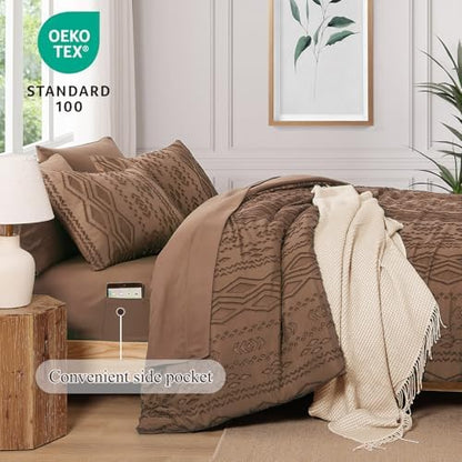 Queen Comforter Set Brown Tufted Boho Bedding Sets Farmhouse 7 Pieces