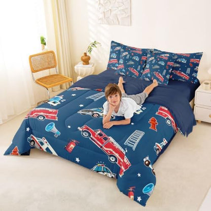 Feelyou Fire Truck Comforter Set Twin Size 7 Pcs Bedding Set Boys Girls