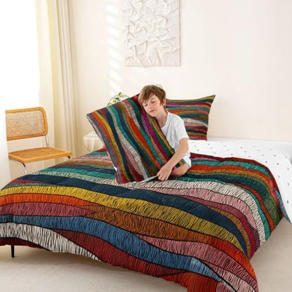 Castle Fairy Rainbow Wavy Comforter Set with 2 Pillowcases,Tribal Ethnic Geometric Super Soft Microfiber Bedding Set for Adults Teens,Colorful Abstract Duvet Set for Room Decor,King